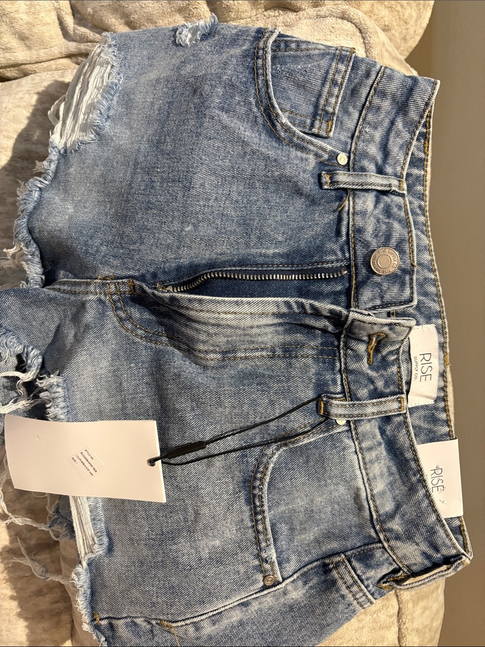 RISE Light Blue Distressed High-Rise Denim Shorts